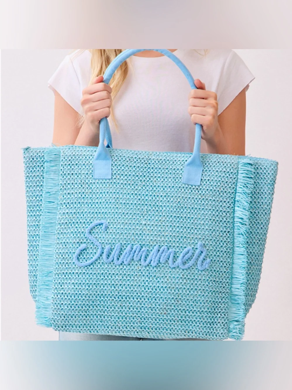 Blue Woven Straw Summer Script Embroidered Fringe Tote - Picture 3 of 3